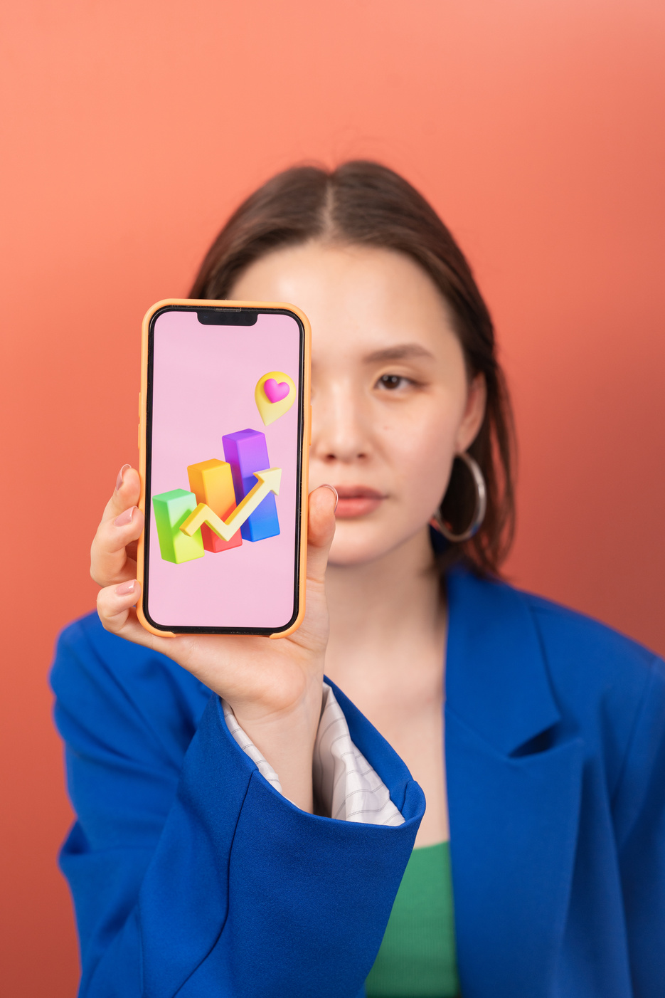 Finance Still Life Woman Holding Smartphone with Bar Graph